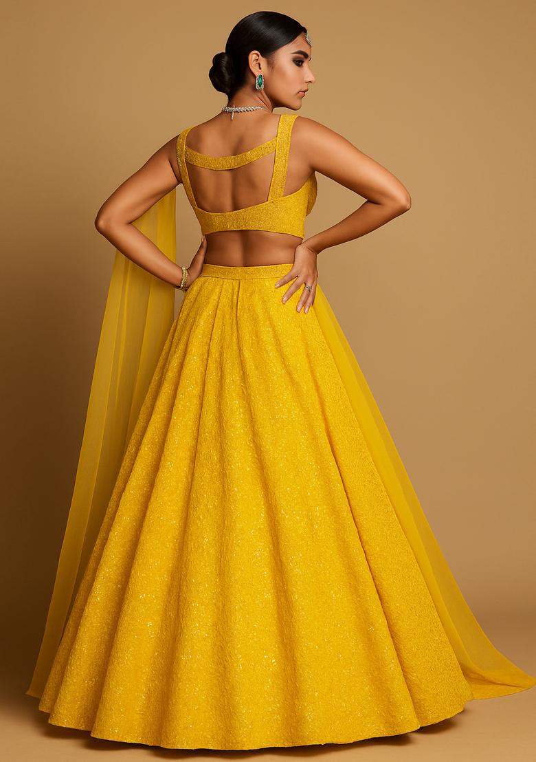 Yellow Sequin Embroidered Georgette Lehenga Set - Indya