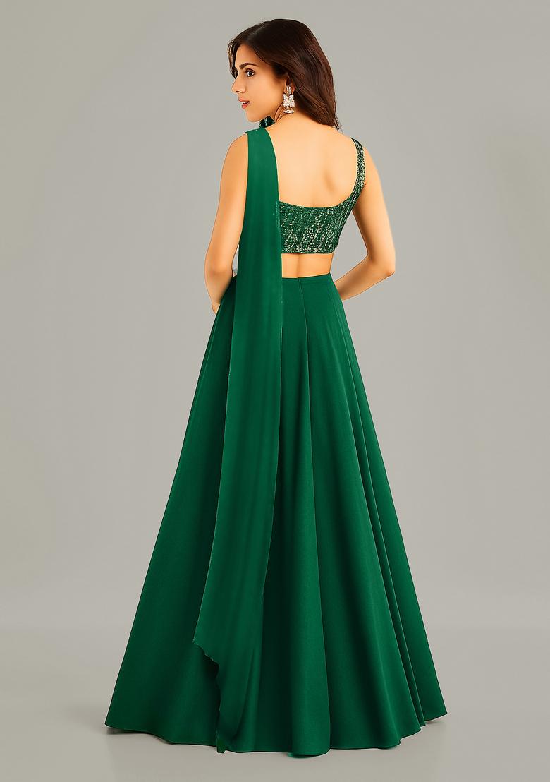 Green Sequin Embroidered Georgette Lehenga Set - Indya
