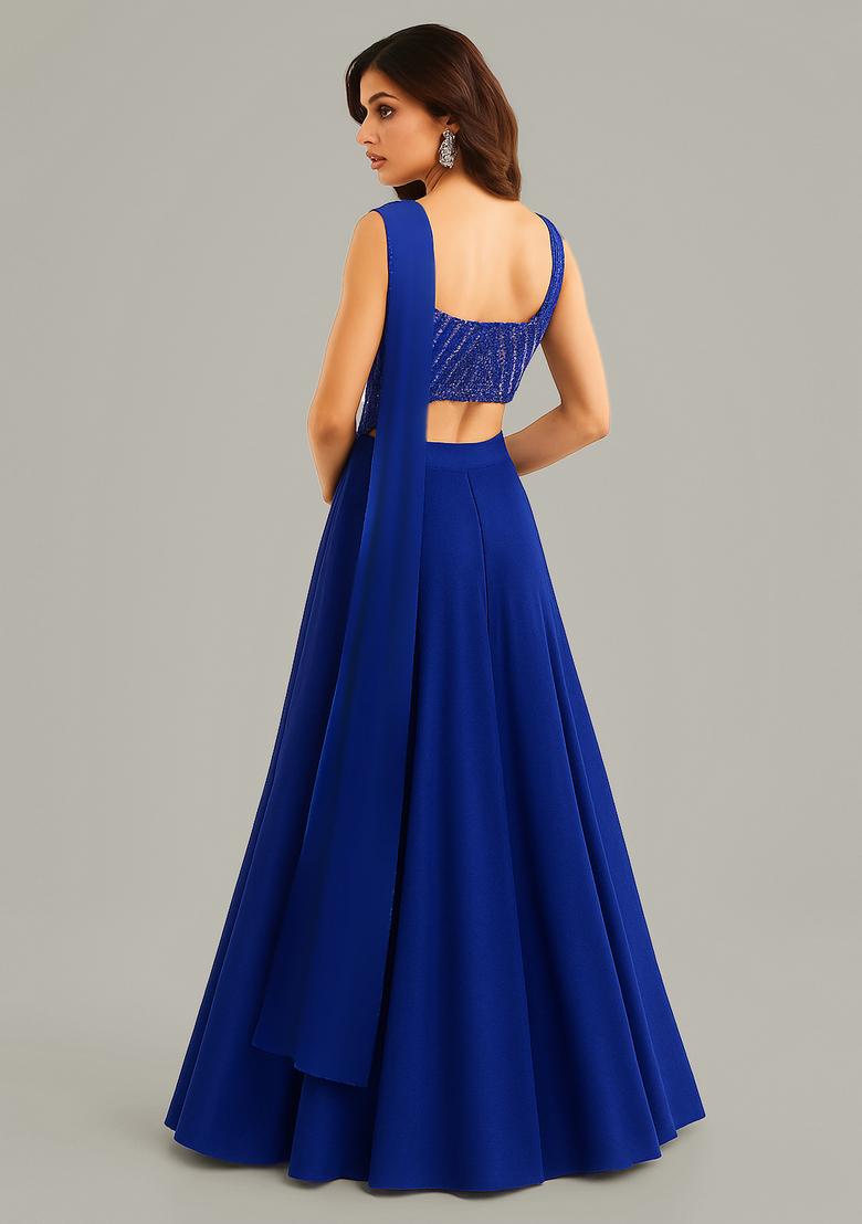 Blue Sequin Embroidered Georgette Lehenga Set - Indya