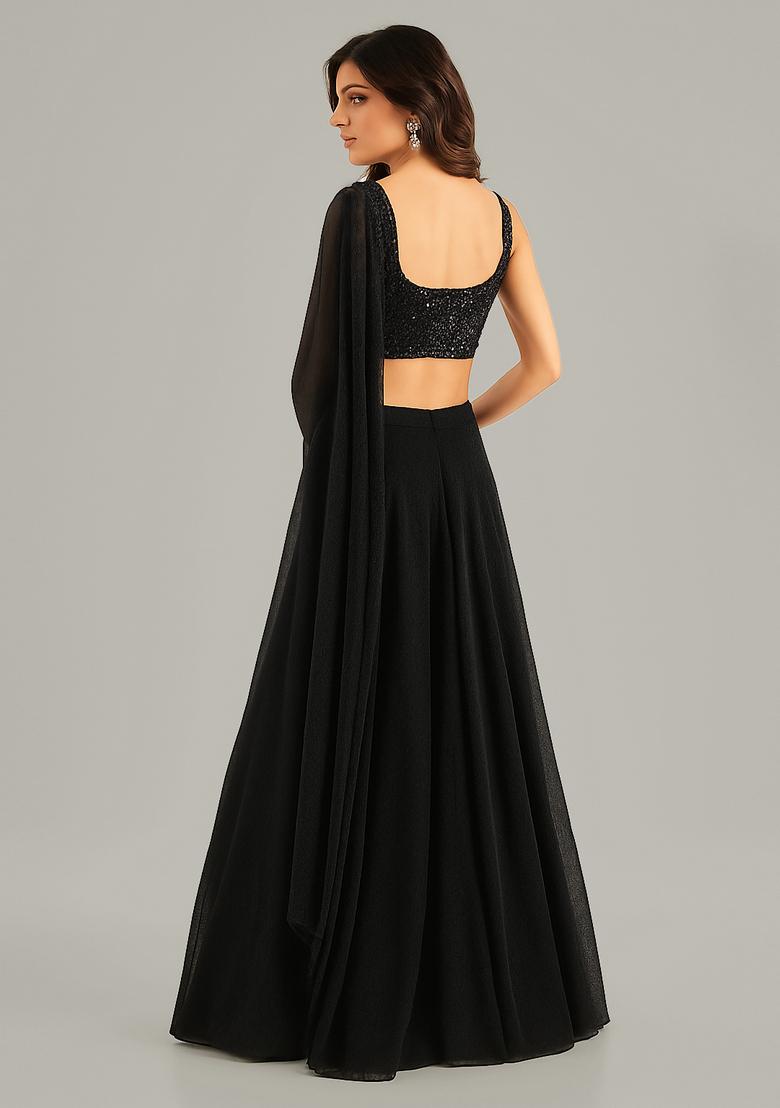Black Sequin Embroidered Georgette Lehenga Set - Indya