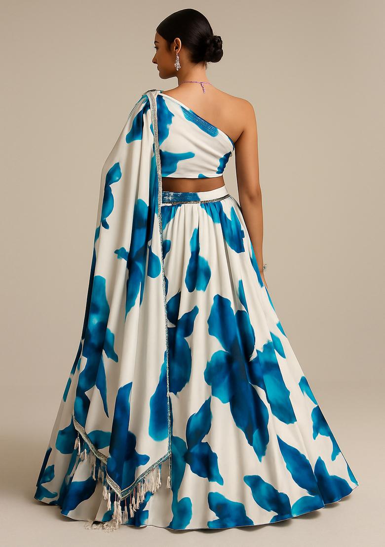 White Embroidered Georgette Lehenga Set - Indya