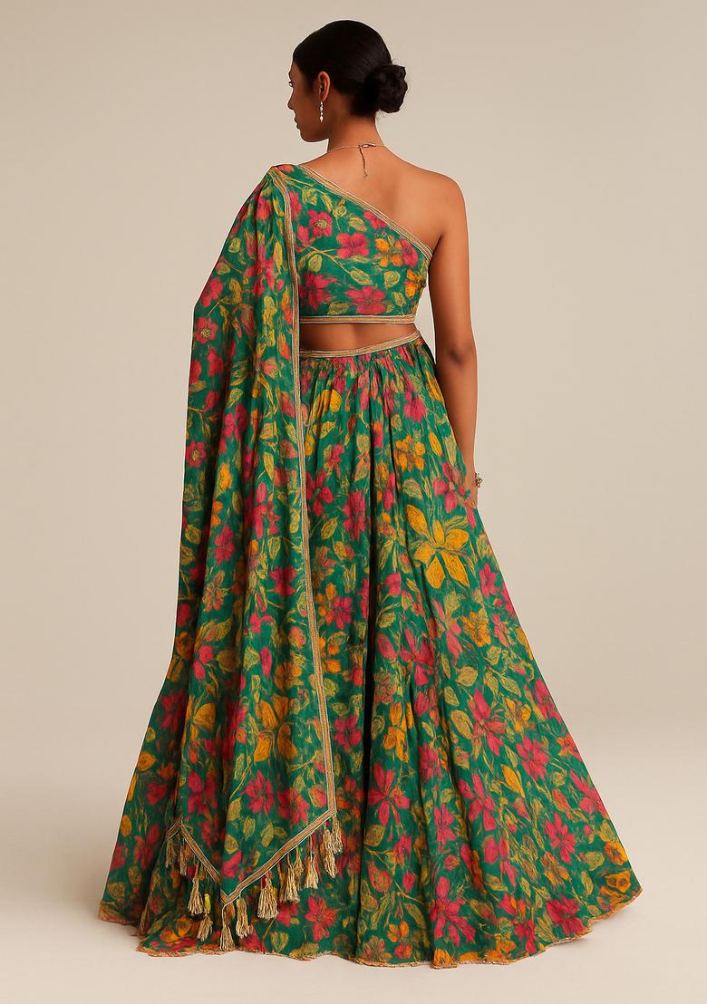 Green Padding Colored Georgette Lehenga Set - Indya