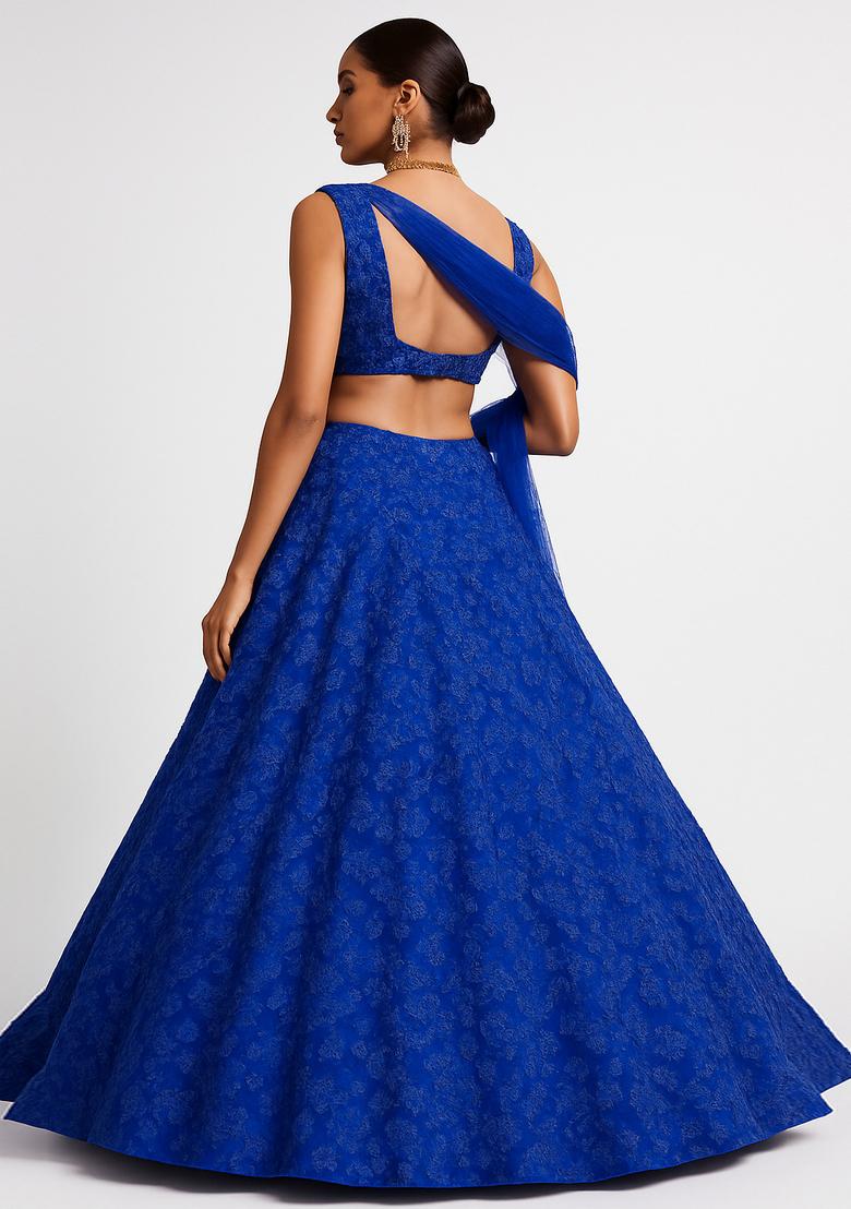 Blue Embroidered Georgette Lehenga Set - Indya