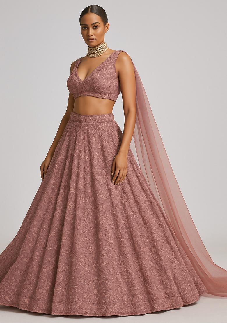 Pink Sequin Embroidered Net Lehenga Set