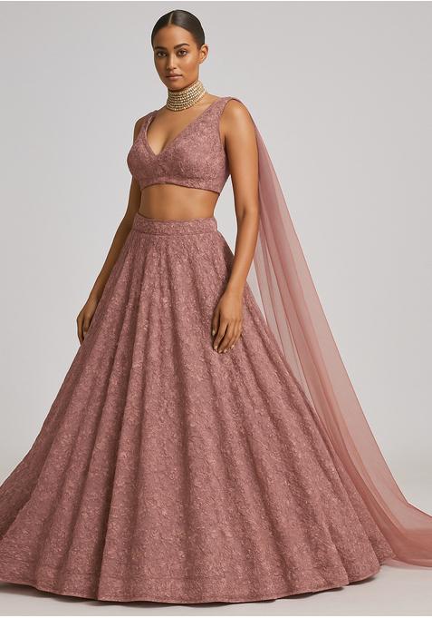 Pink Sequin Embroidered Net Lehenga Set