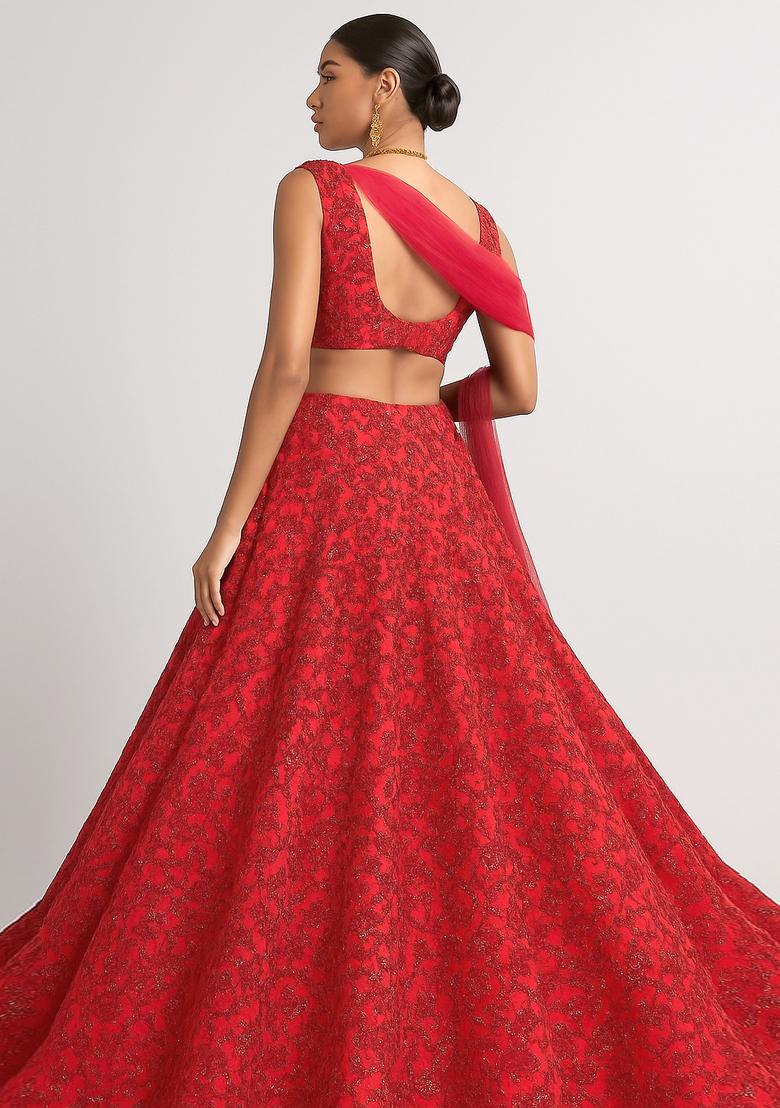 Red Embroidered Net Lehenga Set - Indya