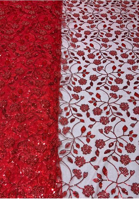 Red Sequin Embroidered Net Lehenga Set