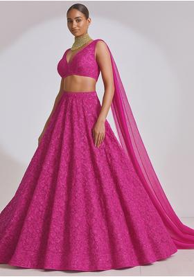 Fuchsia Pink Sequin Embroidered Net Lehenga Set