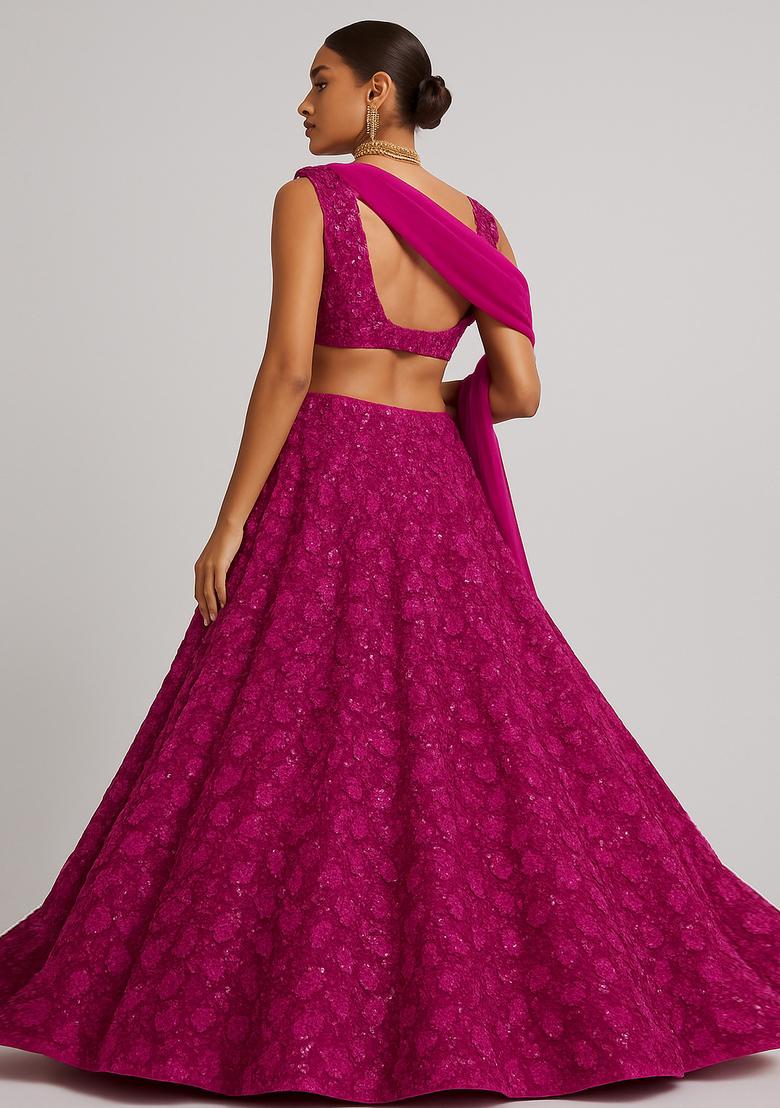 Fuchsia Pink Embroidered Net Lehenga Set - Indya