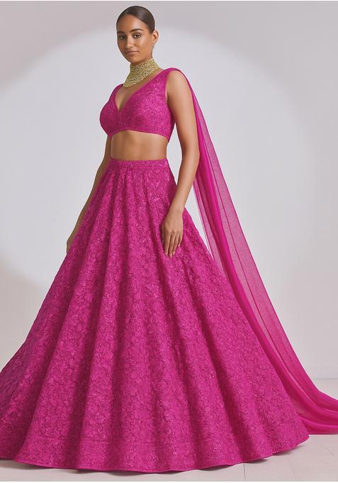 Fuchsia Pink Sequin Embroidered Net Lehenga Set