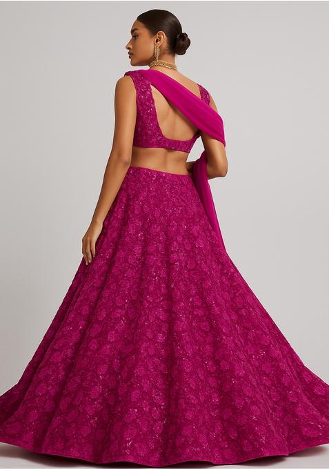 Fuchsia Pink Sequin Embroidered Net Lehenga Set