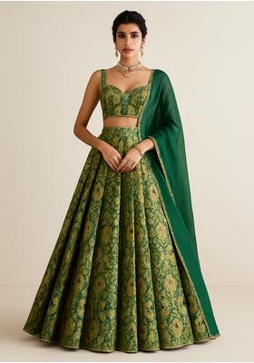 Green Embroidered Silk Lehenga Set