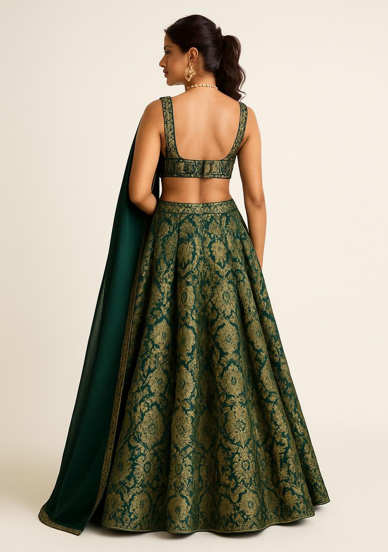 Green Embroidered Silk Lehenga Set - Indya