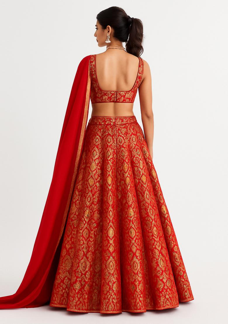 Orange Embroidered Silk Lehenga Set - Indya