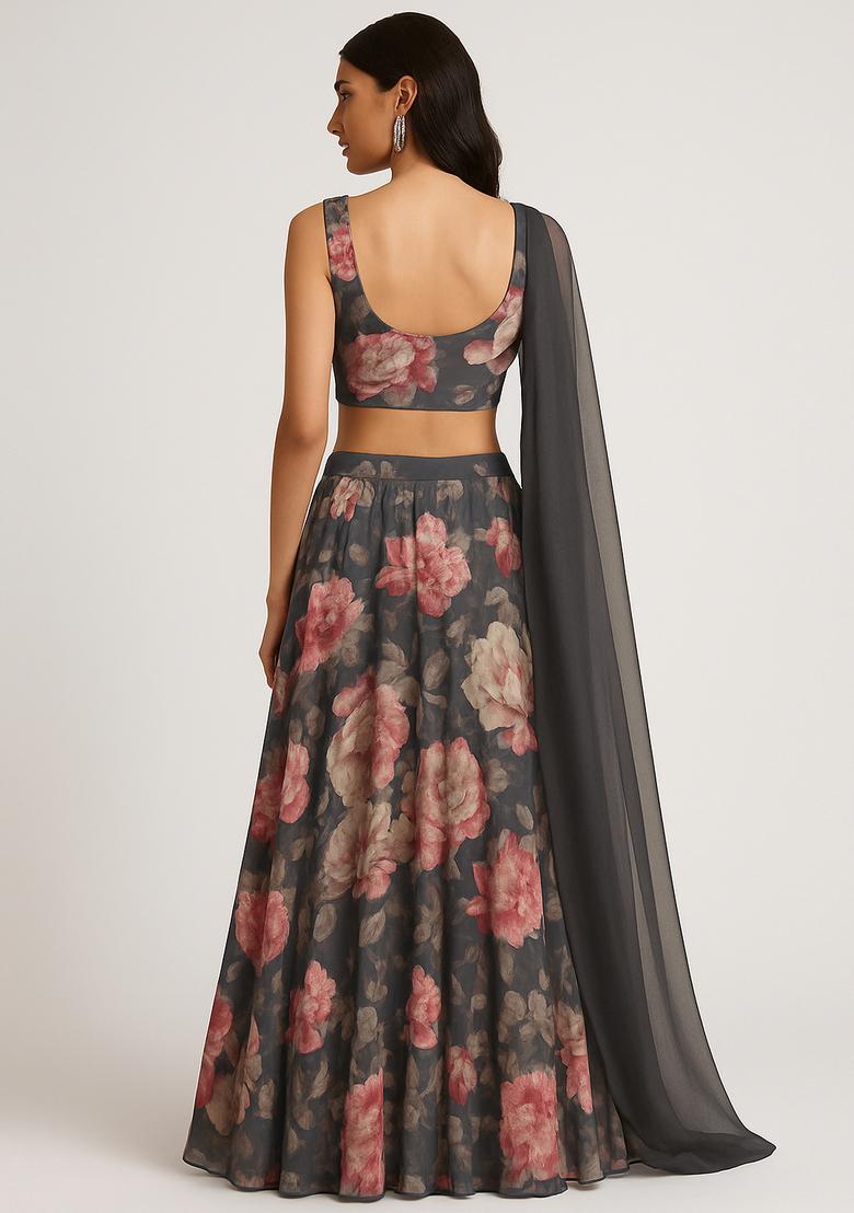 Grey Embroidered Poly Gerogette Lehenga Set - Indya