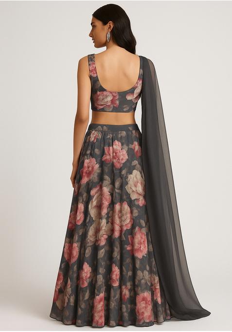 Grey Printed Gerogette Lehenga Set