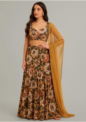 Mustard Embroidered Poly Gerogette Lehenga Set