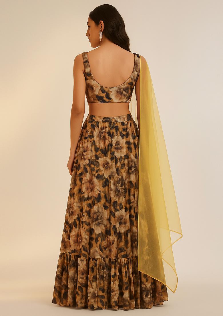 Mustard Embroidered Poly Gerogette Lehenga Set - Indya