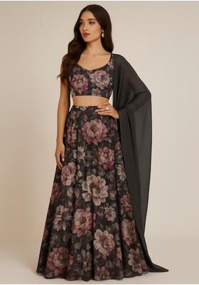 Black Embroidered Poly Gerogette Lehenga Set