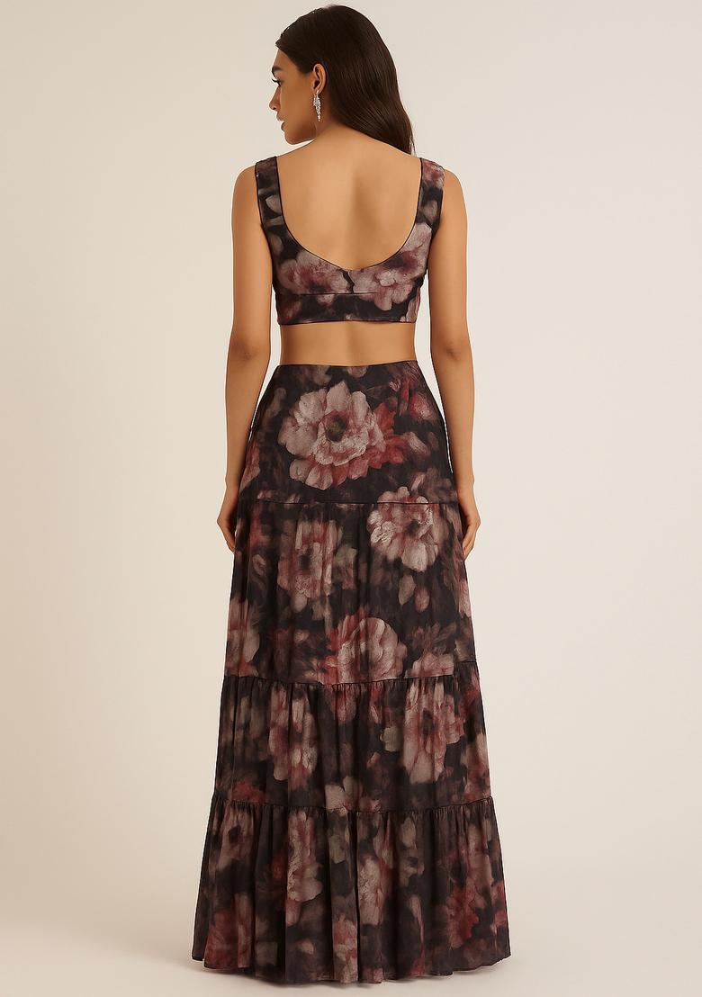 Black Embroidered Poly Gerogette Lehenga Set - Indya