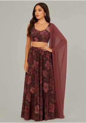 Maroon Embroidered Poly Gerogette Lehenga Set