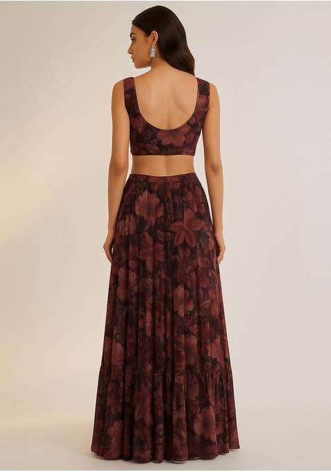 Brown Printed Gerogette Lehenga Set