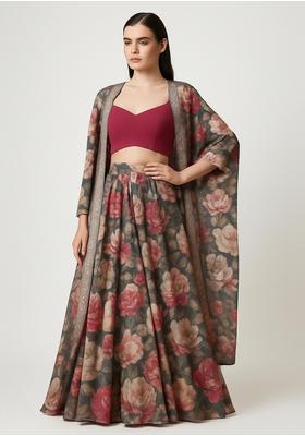 Charcol Grey Embroidered Poly Gerogette Lehenga Set