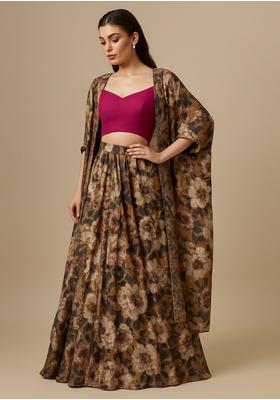 Mustard Embroidered Poly Gerogette Lehenga Set