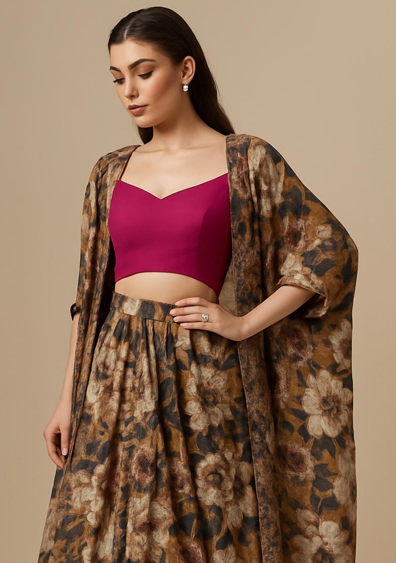 Mustard Embroidered Poly Gerogette Lehenga Set - Indya