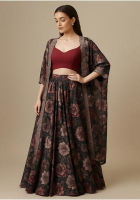Deep Maroon Embroidered Poly Gerogette Lehenga Set