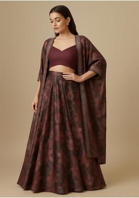 Deep Brown Embroidered Poly Gerogette Lehenga Set