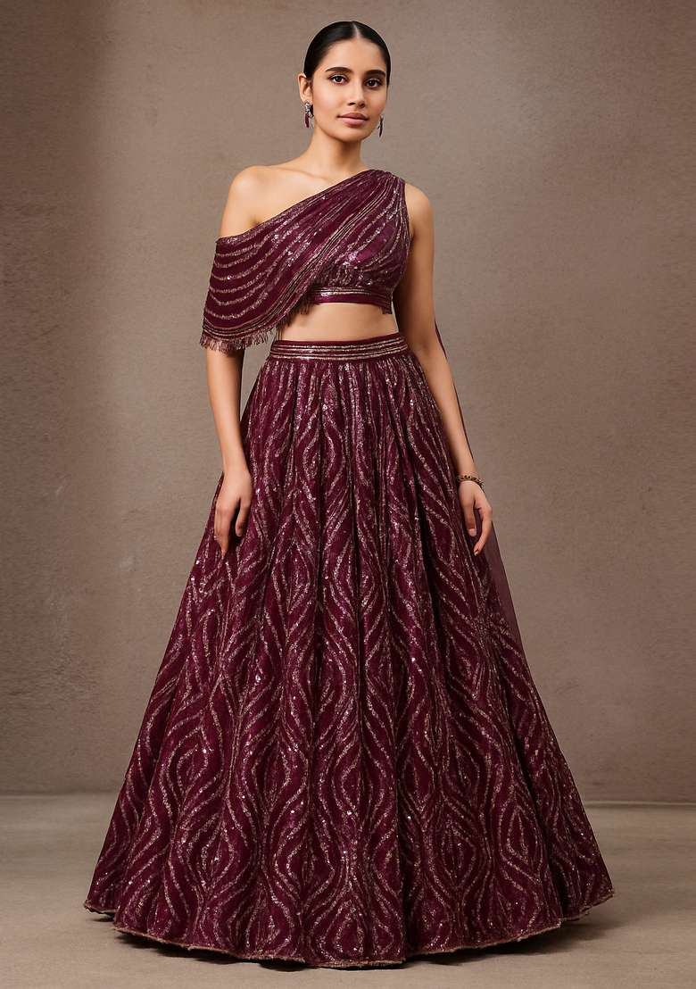 Wine Embroidered Net Lehenga Set - Indya