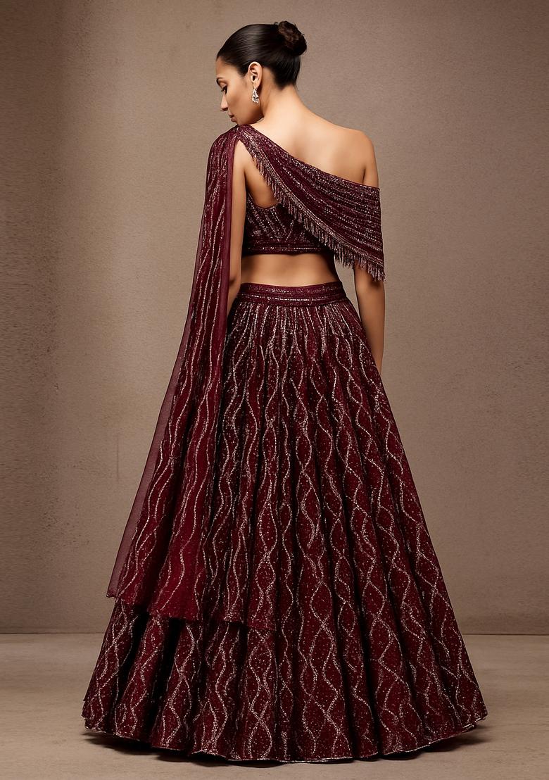 Wine Embroidered Net Lehenga Set - Indya