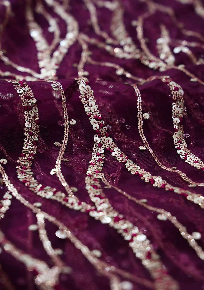 Wine Embroidered Net Lehenga Set - Indya