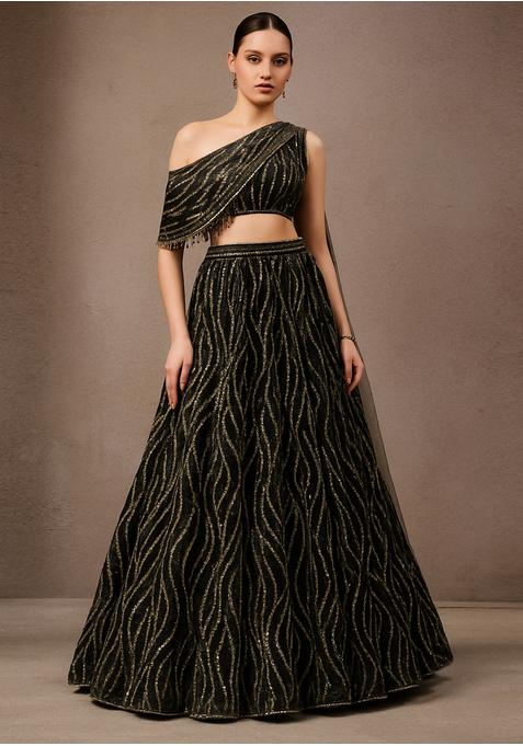 Black Sequin Embroidered Net Lehenga Set