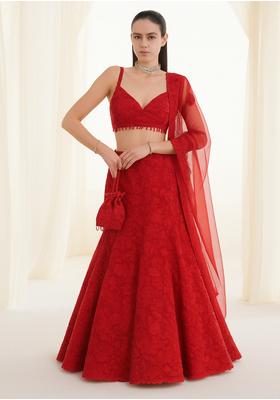 Red Embroidered Net Lehenga Set