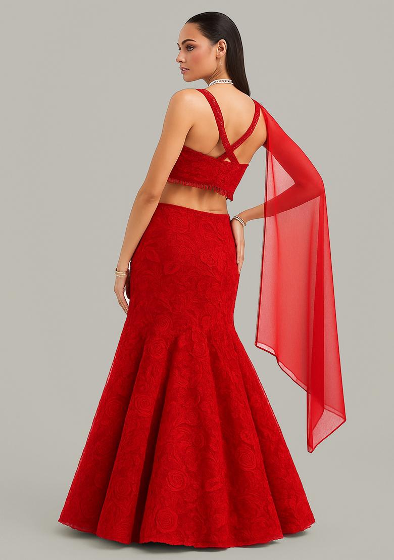 Red Embroidered Net Lehenga Set - Indya