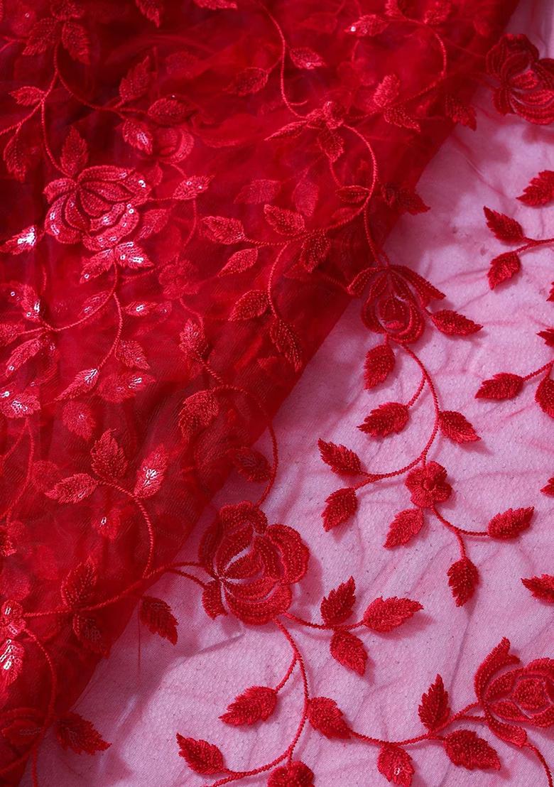 Red Embroidered Net Lehenga Set - Indya