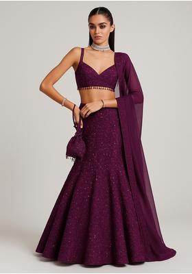Purple Sequin Embroidered Net Lehenga Set