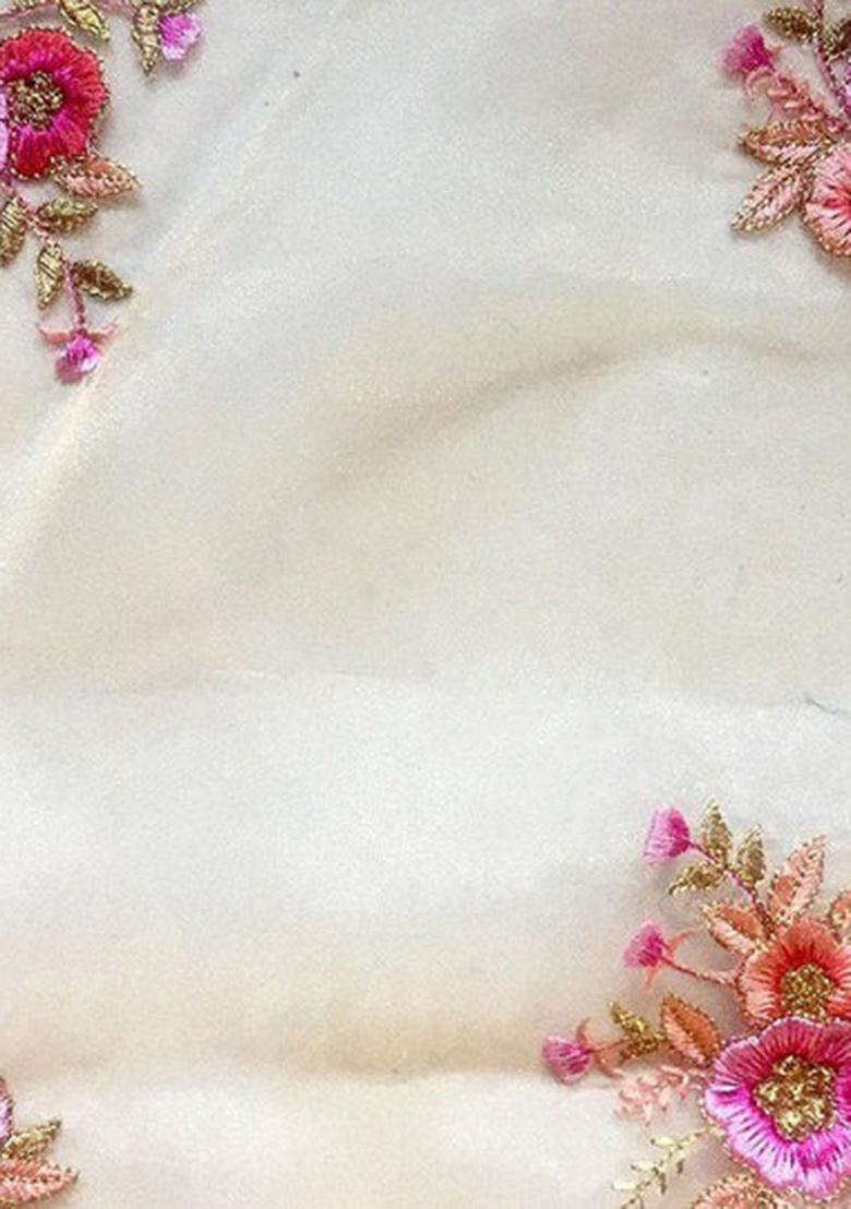 Cream Embroidered Organza Lehenga Set - Indya