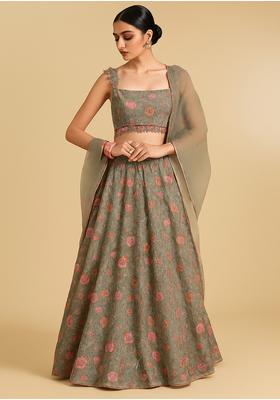 Grey Embroidered Organza Lehenga Set