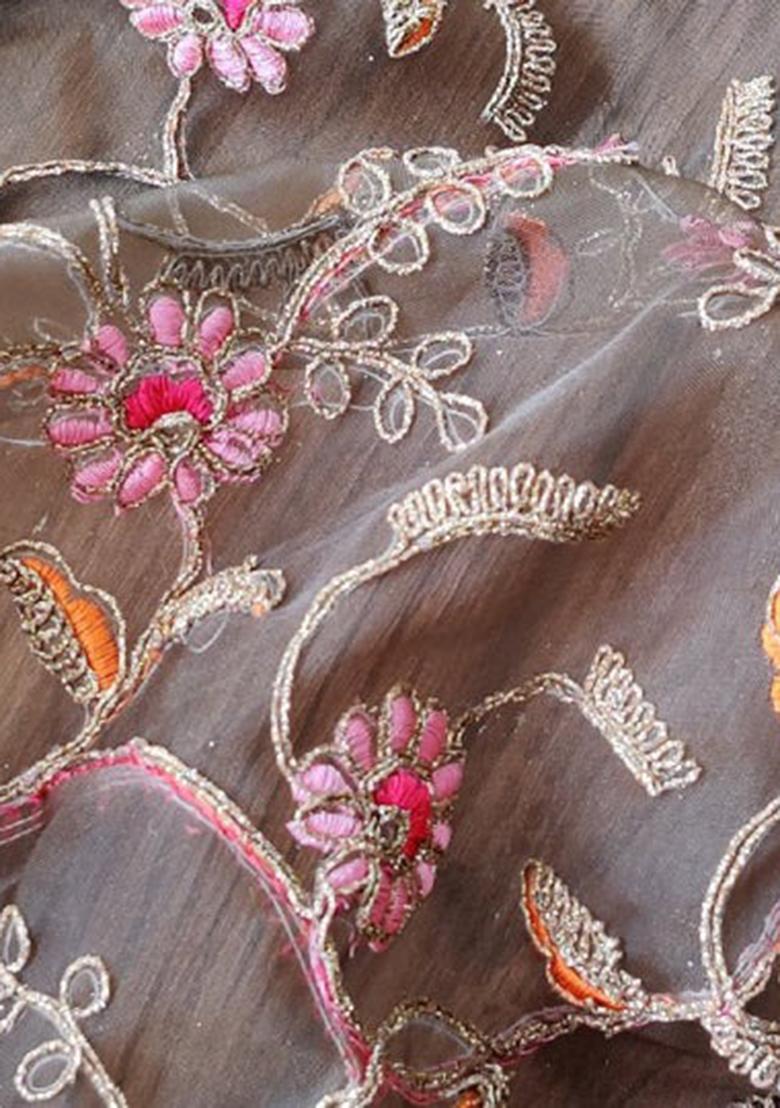 Grey Embroidered Organza Lehenga Set - Indya