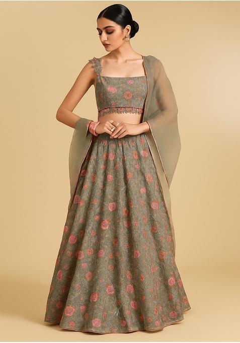 Grey Embroidered Organza Lehenga Set