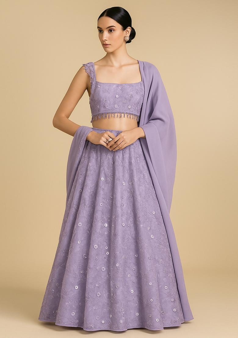 Lilac Sequin Embroidered Organza Lehenga Set