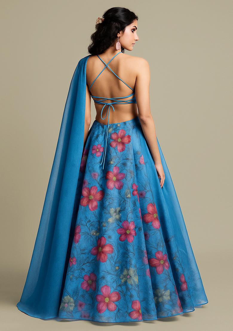 Sky Blue Sequin Embroidered Organza Lehenga Set - Indya