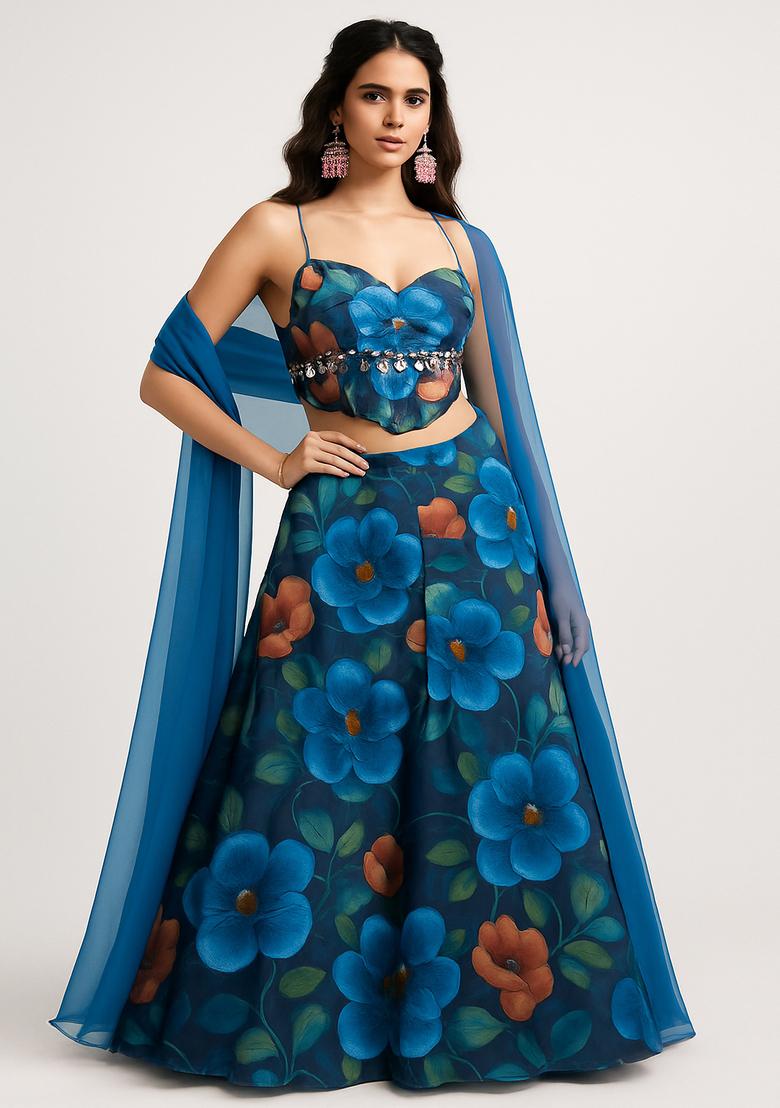 Dark Blue Printed Organza Lehenga Set