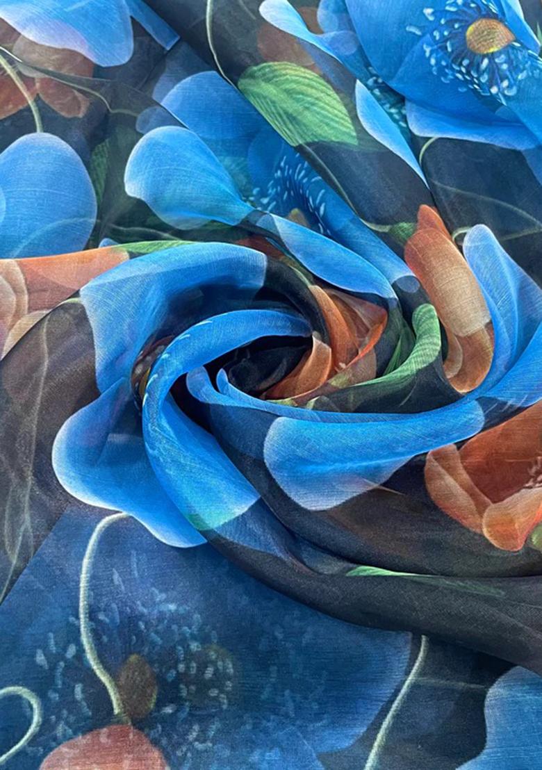 Dark Blue Printed Organza Lehenga Set