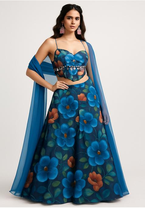 Dark Blue Printed Organza Lehenga Set