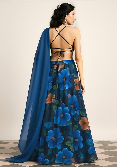 Dark Blue Printed Organza Lehenga Set