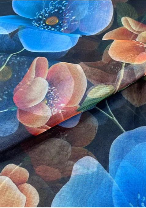 Dark Blue Printed Organza Lehenga Set